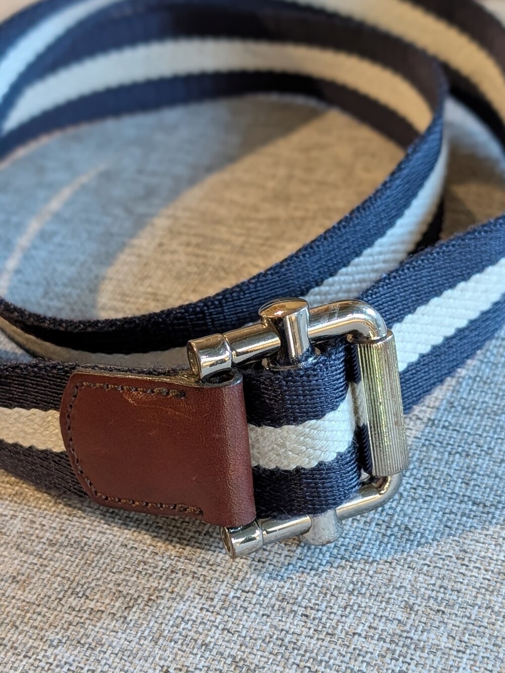 Banana Republic Striped Navy & White Canvas Belt w/ Brown Leather - Preppy